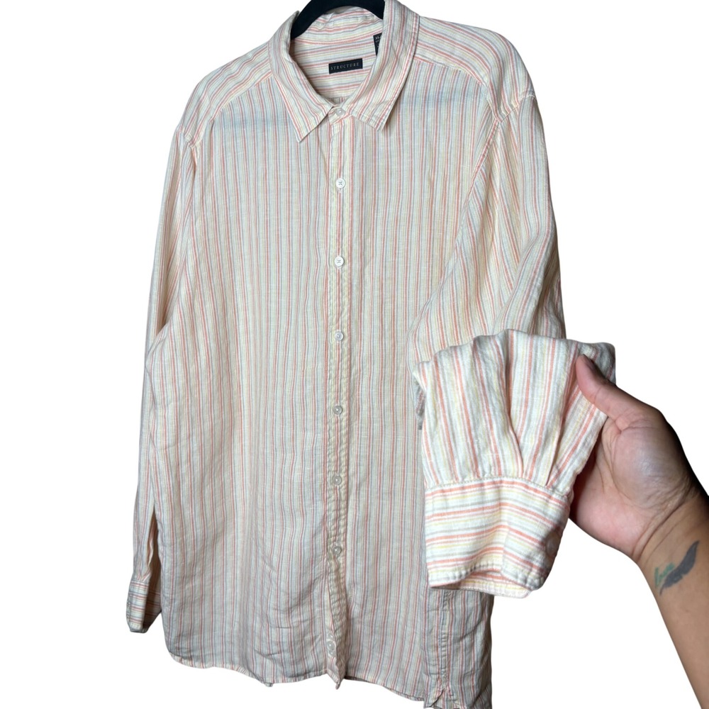 Structure 100% Linen Button Down Shirt XL Striped Long Sleeve Top Casual Coastal